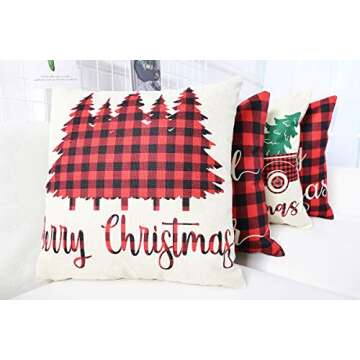 Lanpn Christmas 20x20 Throw Pillow Covers, Decorative Outdoor Farmhouse Buffalo Plaid Plad Merry Christmas Xmas Pillow Shams Cases Slipcovers Cover Set of 4 Couch Sofa