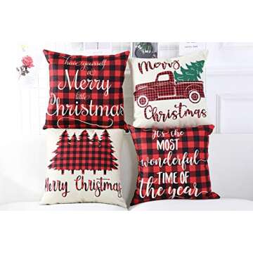 Lanpn Christmas 20x20 Throw Pillow Covers, Decorative Outdoor Farmhouse Buffalo Plaid Plad Merry Christmas Xmas Pillow Shams Cases Slipcovers Cover Set of 4 Couch Sofa