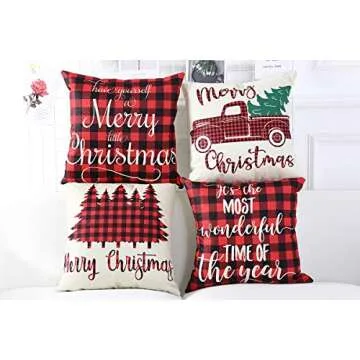 Lanpn Christmas 20x20 Throw Pillow Covers, Decorative Outdoor Farmhouse Buffalo Plaid Plad Merry Christmas Xmas Pillow Shams Cases Slipcovers Cover Set of 4 Couch Sofa