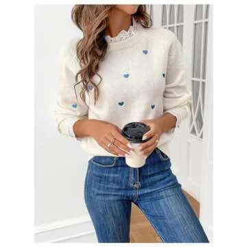 GORGLITTER Women's Heart Lace Valentine Patchwork Pullover Sweater Embellished Long Sleeve Cute Knitwear Sweater Jumper White Medium