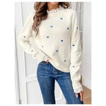 GORGLITTER Women's Heart Lace Valentine Patchwork Pullover Sweater Embellished Long Sleeve Cute Knitwear Sweater Jumper White Medium