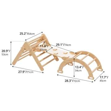 Cozy Castle 5 in 1 Pikler Triangle Set, Foldable Climbing Toys Indoor Playground, with Arch Climber, Rocker, Jungle Gym, Oak