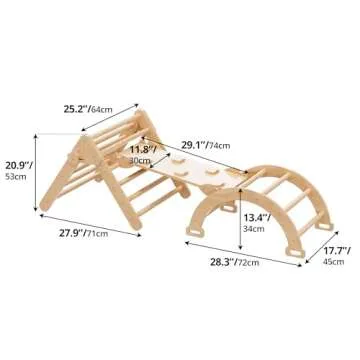 Cozy Castle 5 in 1 Pikler Triangle Set, Foldable Climbing Toys Indoor Playground, with Arch Climber, Rocker, Jungle Gym, Oak