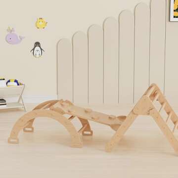 Cozy Castle 5 in 1 Pikler Triangle Set, Foldable Climbing Toys Indoor Playground, with Arch Climber, Rocker, Jungle Gym, Oak