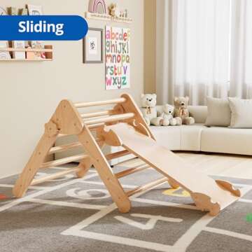 Cozy Castle 5 in 1 Pikler Triangle Set, Foldable Climbing Toys Indoor Playground, with Arch Climber, Rocker, Jungle Gym, Oak