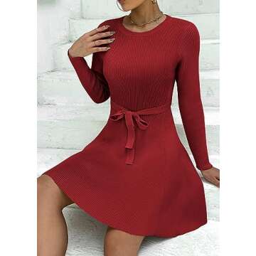 HOTOUCH Sweater Dress for Women Fall Winter Dress Ribbed Knit A-Line 2024 Fitted Pullover Sweaters Dress Dark Red XL