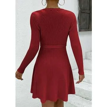 HOTOUCH Sweater Dress Women Ribbed Knit A-Line Fashion