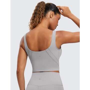 CRZ YOGA Butterluxe Womens V Neck Longline Sports Bra - U Back Padded Crop Workout Tank Tops with Built in Pads Gull Gray Medium