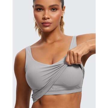CRZ YOGA Butterluxe Womens V Neck Longline Sports Bra - U Back Padded Crop Workout Tank Tops with Built in Pads Gull Gray Medium
