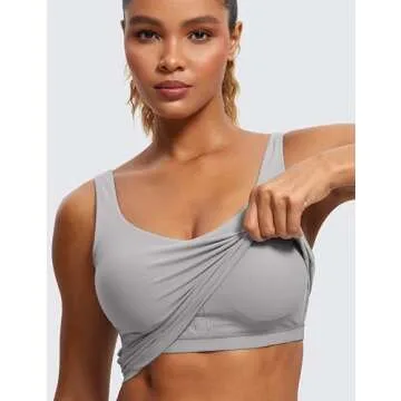 CRZ YOGA Butterluxe Womens V Neck Longline Sports Bra - U Back Padded Crop Workout Tank Tops with Built in Pads Gull Gray Medium