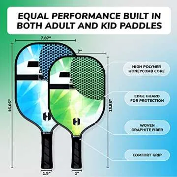 Helium Element Pickleball Family 4-Pack - 2 Child-Size & 2 Adult-Size Paddles, Lightweight Pickleball Set with Honeycomb Core, Graphite Strike Face, 4 Pickleballs & Convenient Drawstring Bag