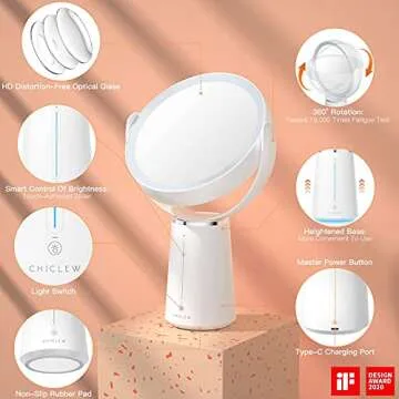 8.7" Large Lighted Makeup Mirror, Rechargeable Double Sided Standing Desk Mirror with 3 Colors, 1X/10X Magnifying Mirror with 360°Rotatable, Vanity Mirror with Touch Screen Brightness Adjustable