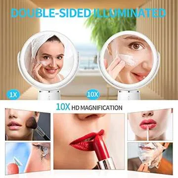 8.7" Large Lighted Makeup Mirror, Rechargeable Double Sided Standing Desk Mirror with 3 Colors, 1X/10X Magnifying Mirror with 360°Rotatable, Vanity Mirror with Touch Screen Brightness Adjustable