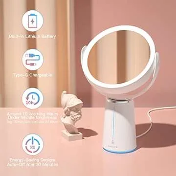 8.7" Large Lighted Makeup Mirror, Rechargeable Double Sided Standing Desk Mirror with 3 Colors, 1X/10X Magnifying Mirror with 360°Rotatable, Vanity Mirror with Touch Screen Brightness Adjustable