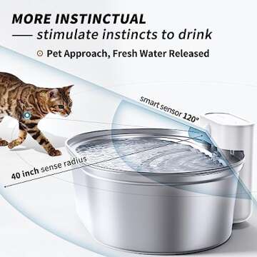uahpet Stainless Steel Cat Water Fountain, Wireless Battery Operated Cat Fountain, Pet Water Dispenser for Cats Dogs, 67oz/2L