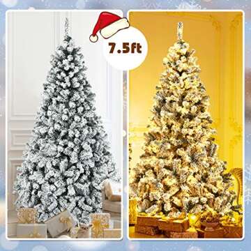 Goplus 7.5ft Pre-Lit Artificial Christmas Tree, Premium PVC Snow Flocked Hinged Pine Tree with Metal...