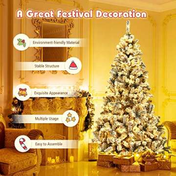 Goplus 7.5ft Pre-Lit Artificial Christmas Tree, Premium PVC Snow Flocked Hinged Pine Tree with Metal Stand and LED Lights, Perfect Xmas Decoration for Indoor and Outdoor