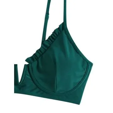 ZAFUL Women's Underwire Bikini High Cut Bikini Set V-Wired Two Piece Swimsuit Bathing Suit(1-Malachite Green, M)
