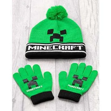 Minecraft Bobble Hat Gloves Set Creeper Knitted Beanie Gamer Gift One Size