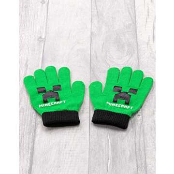 Minecraft Bobble Hat Gloves Set Creeper Knitted Beanie Gamer Gift One Size