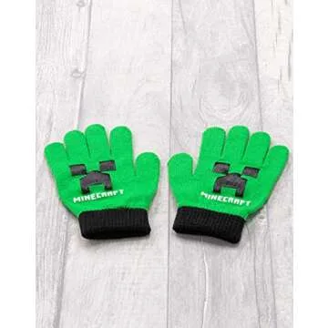 Minecraft Bobble Hat Gloves Set Creeper Knitted Beanie Gamer Gift One Size