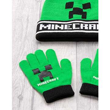 Minecraft Bobble Hat Gloves Set Creeper Knitted Beanie Gamer Gift One Size