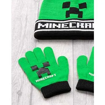 Minecraft Bobble Hat Gloves Set Creeper Knitted Beanie Gamer Gift One Size