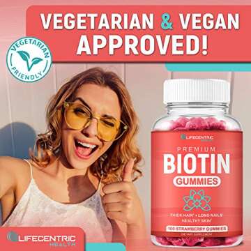 Biotin Gummies for Hair Growth | Max Strength Biotin 10000mcg Prevents Thinning and Loss | Chewable Biotin Supplement For Women Men and Kids | 100 Count Vegan Hair Gummies for Hair Skin and Nails