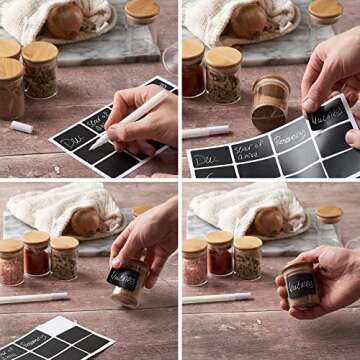 Stylvio 12 Pcs 2.5oz Spice Jars with Bamboo Lids, Airtight Seasoning Containers with 152 Pre-printed Minimalistic Spice Labels,12 Black Chalkboard Labels, Erasable Liquid Chalk Pen and Spice Funnel