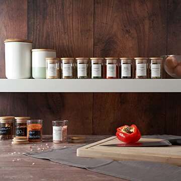 Stylvio 12 Pcs 2.5oz Spice Jars with Bamboo Lids, Airtight Seasoning Containers with 152 Pre-printed Minimalistic Spice Labels,12 Black Chalkboard Labels, Erasable Liquid Chalk Pen and Spice Funnel