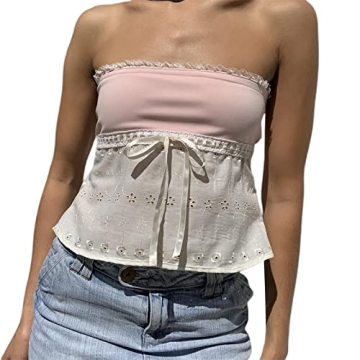 Amiblvowa Womens Y2k Sexy Sheer Lace Frill Strapless Tube Crop Tops Fairy Grunge Sleeveless Summer B...