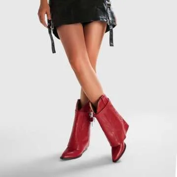 Fuazuzu Embroidered Fold Over Wide Calf Wedge Pull-On Pointed Toe Western Cowgirl Floral Printing Matte Leather Booties for Women with Side Metal Lock