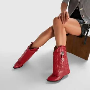 Fuazuzu Embroidered Fold Over Wide Calf Wedge Pull-On Pointed Toe Western Cowgirl Floral Printing Matte Leather Booties for Women with Side Metal Lock