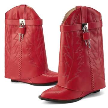 Fuazuzu Embroidered Fold Over Wide Calf Wedge Pull-On Pointed Toe Western Cowgirl Floral Printing Matte Leather Booties for Women with Side Metal Lock