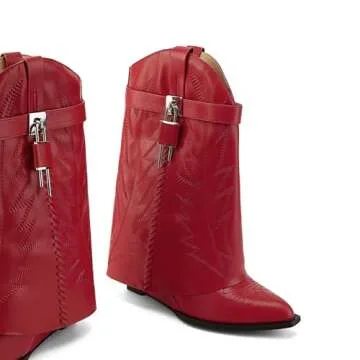 Fuazuzu Embroidered Fold Over Wide Calf Wedge Pull-On Pointed Toe Western Cowgirl Floral Printing Matte Leather Booties for Women with Side Metal Lock