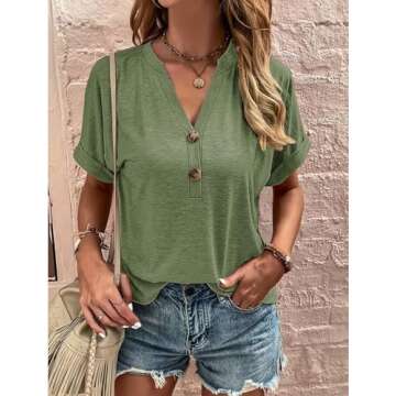 Halife Women's Short Sleeve V Neck T Shirts Button Summer Tops Loose Casual Tee T-Shirt Army Green L