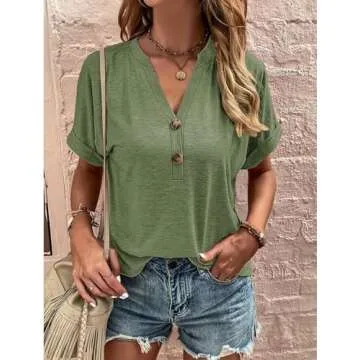 Halife Women's Short Sleeve V Neck T Shirts Button Summer Tops Loose Casual Tee T-Shirt Army Green L