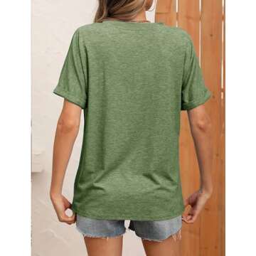 Halife Women's Short Sleeve V Neck T Shirts Button Summer Tops Loose Casual Tee T-Shirt Army Green L