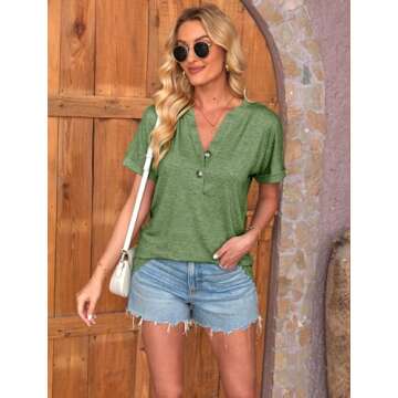 Halife Women's Short Sleeve V Neck T Shirts Button Summer Tops Loose Casual Tee T-Shirt Army Green L