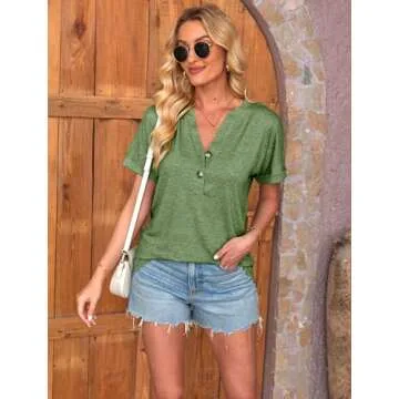 Halife Women's Short Sleeve V Neck T Shirts Button Summer Tops Loose Casual Tee T-Shirt Army Green L