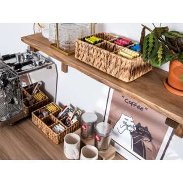 StorageWorks Small Wicker Baskets for Organizing, Coffee Organizer with 6 Sections, Baskets for Shelves, Countertop, Water Hyacinth Wicker Baskets for Organizing, 2Pack