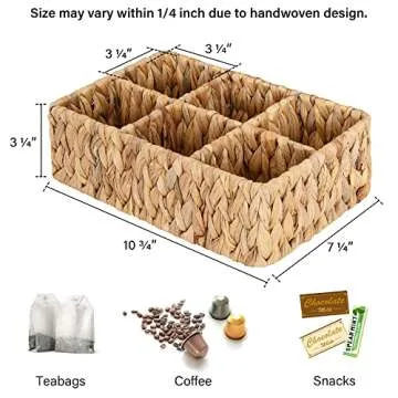 StorageWorks Small Wicker Baskets for Organizing, Coffee Organizer with 6 Sections, Baskets for Shelves, Countertop, Water Hyacinth Wicker Baskets for Organizing, 2Pack