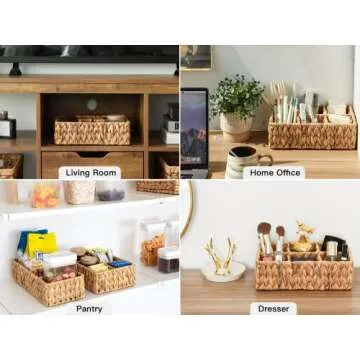 StorageWorks Small Wicker Baskets for Organizing, Coffee Organizer with 6 Sections, Baskets for Shelves, Countertop, Water Hyacinth Wicker Baskets for Organizing, 2Pack