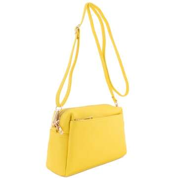 FashionPuzzle Triple Zip Small Crossbody Bag in Mustard Yellow - Perfect Everyday Companion