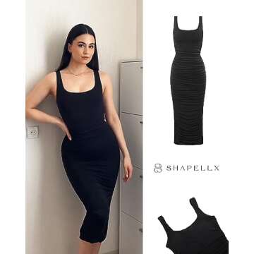 SHAPELLX Sexy Dress Women's Sleeveless Square Neck Ruched Bodycon Sundress Summer Casual Tank Top Midi Dress
