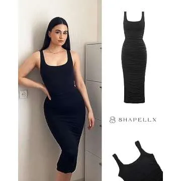 SHAPELLX Sexy Dress Women's Sleeveless Square Neck Ruched Bodycon Sundress Summer Casual Tank Top Midi Dress