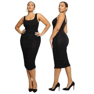 SHAPELLX Sexy Dress Women's Sleeveless Square Neck Ruched Bodycon Sundress Summer Casual Tank Top Midi Dress