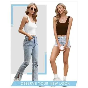 CLOZOZ Crop Tops for Women Ruffle Cropped Tank Tops Cute Summer Ribbed Square Neck Trendy Going Out Preppy Strappy Top