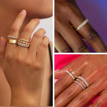 FUNEIA Stackable Gold Rings for Women Non Tarnish Trendy Dainty 14K Gold Plated Stacking Cubic Zirconia Thumb Ring Set Pack Statement Chunky Band Rings Promise Engagement Rings Size 7 8 9 10 11