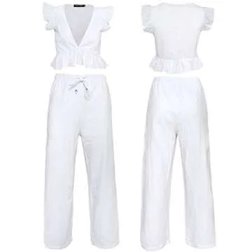 FANCYINN Womens White Two Pieces Outfits Deep V Neck Crop Top Side Slit Drawstring Wide Leg Pants Set Jumpsuits L